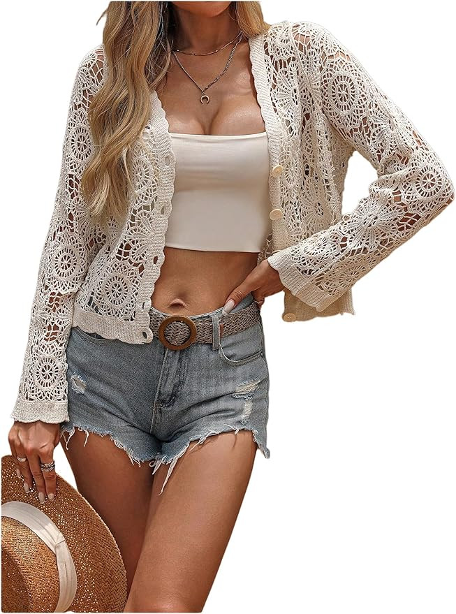 GORGLITTER Women's Crochet Lightweight Cardigans Sweater Cute Boho Fall Button Up Long Sleeve Tea... | Amazon (US)