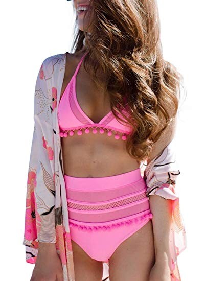 Dokotoo Womens High Waist Two Pieces Bikini Set Striped Tassel Swimsuit | Amazon (US)