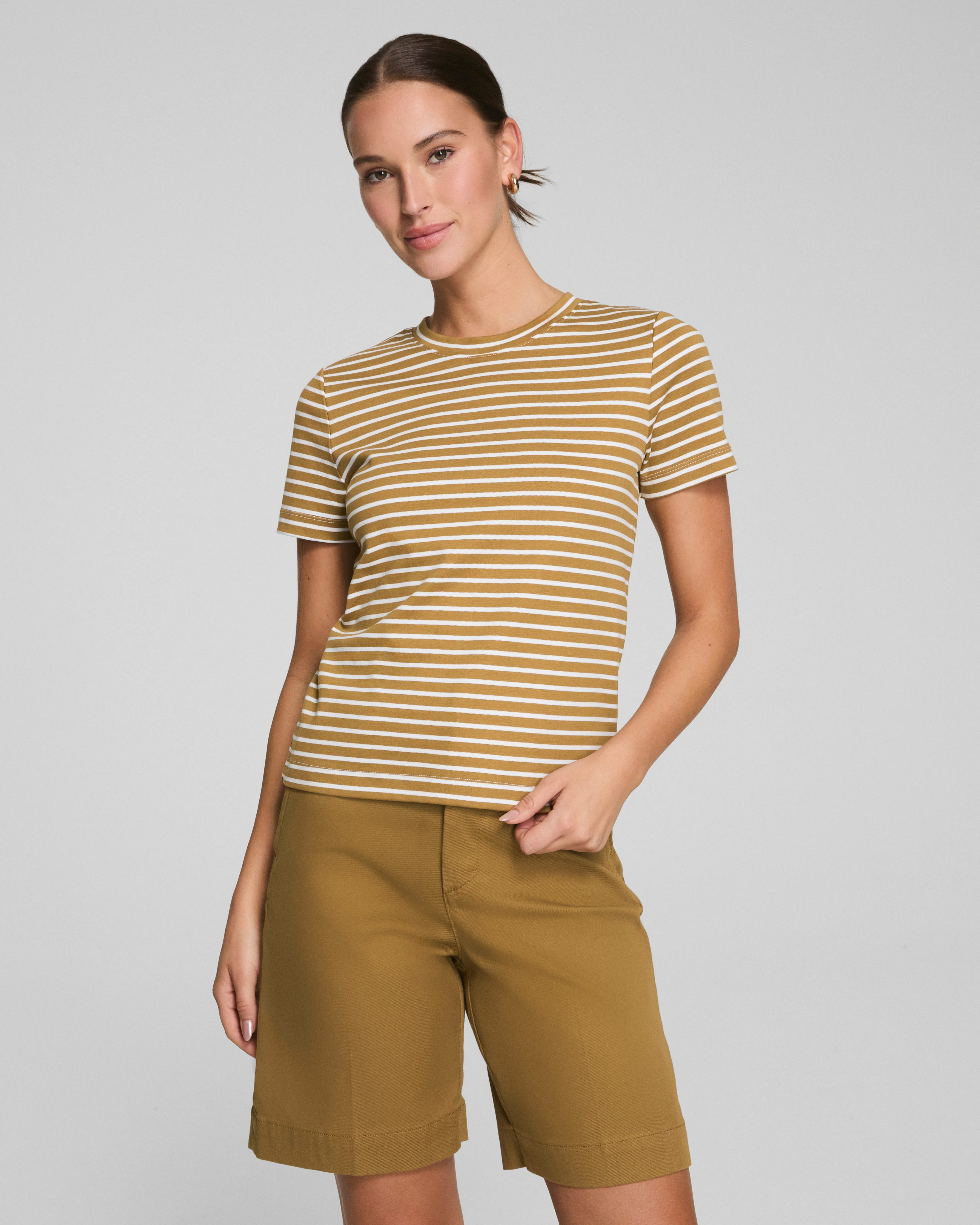 Spanx Women's Cotton Crewneck T-Shirt in Flax Powder Stripe | Spanx