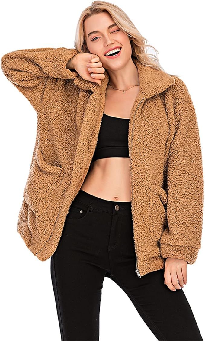 Womens Faux Shearling Jacket, Casual Lapel Fleece Fuzzy Jacket Shaggy Oversized Jacket Fashion Ca... | Amazon (US)