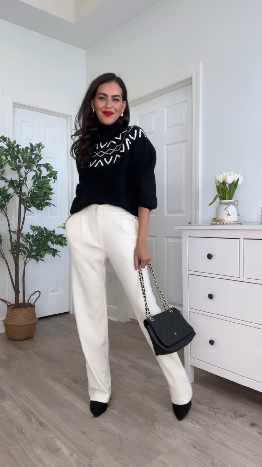 Sizing and details below⬇️
Wearing a size medium in the sweater for an oversized fit.
Size M x 32” in black pants. I should have taken a small.
Size S in cream pants. Tts, and super soft.
Shoes are tts. 
Lipstick is feels so grand. 

#LTKCyberWeek 

#LTKOver40 #LTKootd #LTKHoliday