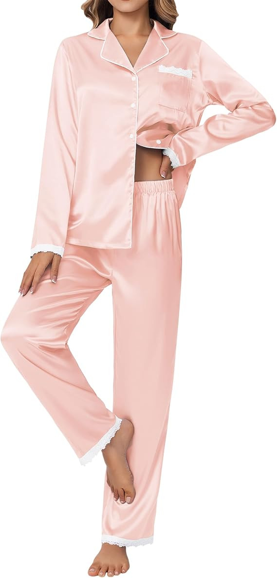 Ekouaer Satin Pajamas for Women Silk Long Sleeve Sleepwear Button Down Loungewear 2 Pieces Lace S... | Amazon (US)