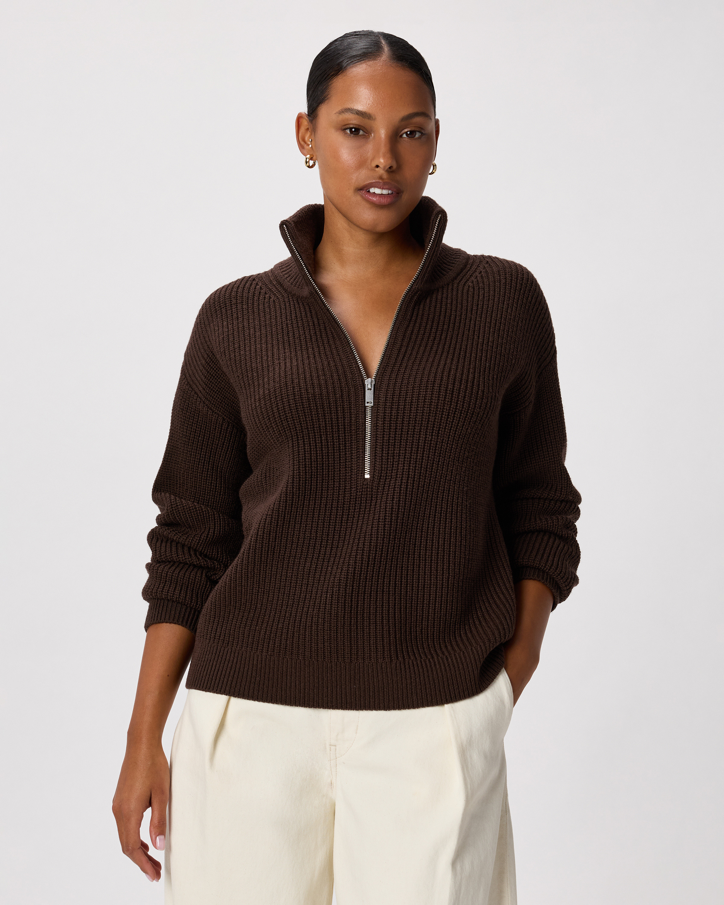 Quince | Women's Australian Merino Wool Half Zip Sweater in Coffee Bean Brown, Size Medium | Quince