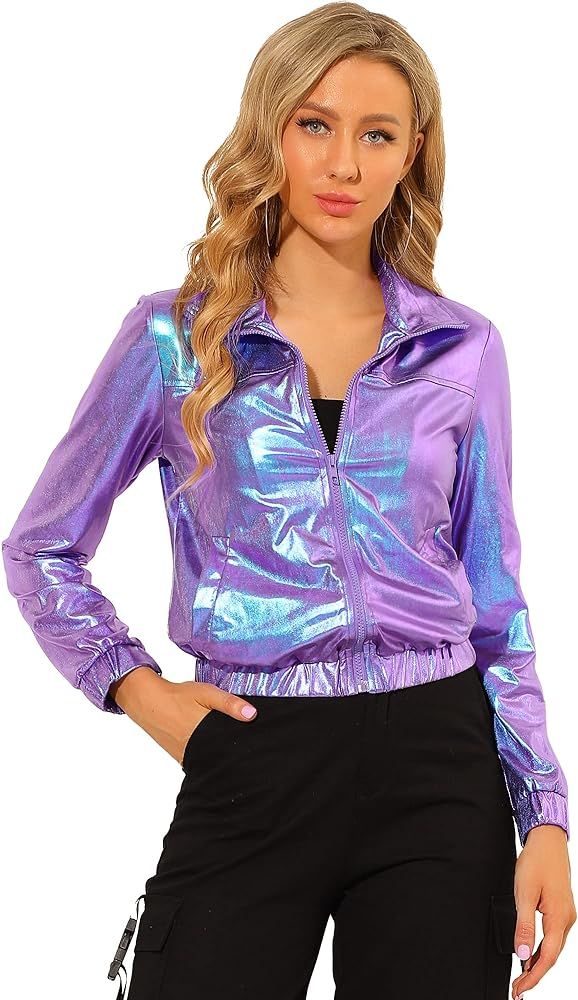 Allegra K Women's Holographic Shiny Party Halloween Long Sleeve Lightweight Zipper Metallic Jacke... | Amazon (US)