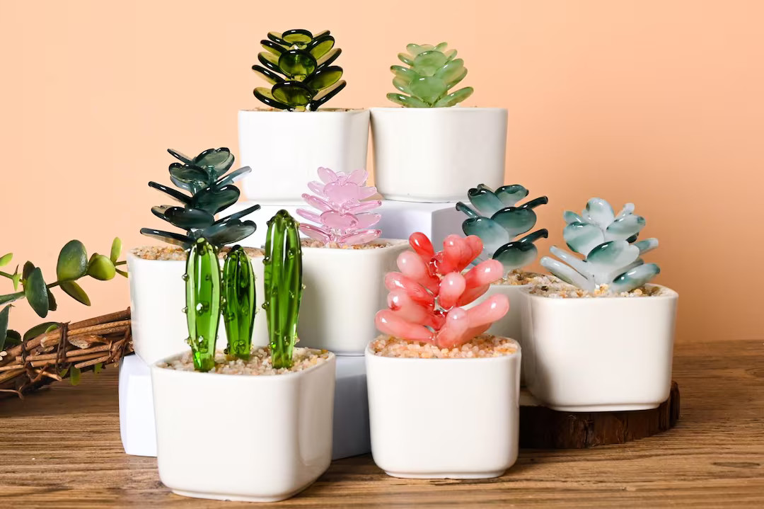 Mini Glass Cactus Pots Set | Fused Glass Succulents | Cactus Lover Gift | Artificial House Plant ... | Etsy (US)