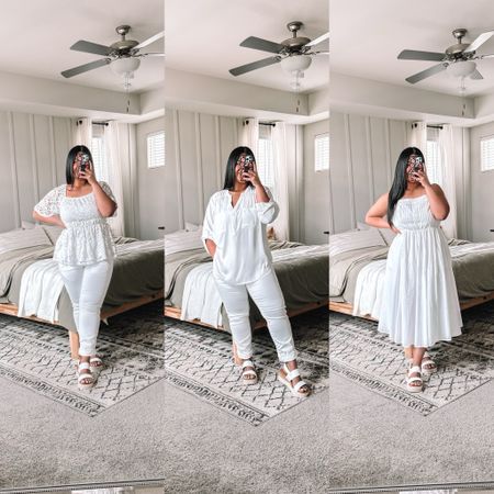 All white outfits from Torrid
•OUTFIT 1: jeans true to size, wearing size 12. Lace top runs a little big, wearing a medium, size down. 
•OUTFIT 2: jeans true to size, wearing size 12. Satin top runs a little big, wearing a large but I like the oversized fit. If you want it more fitted, size down. 
•OUTFIT 3: dress runs big, wearing a size medium/10. Size down! 
•SHOES: true to size. 

#LTKMidsize #LTKPlusSize #LTKFindsUnder50