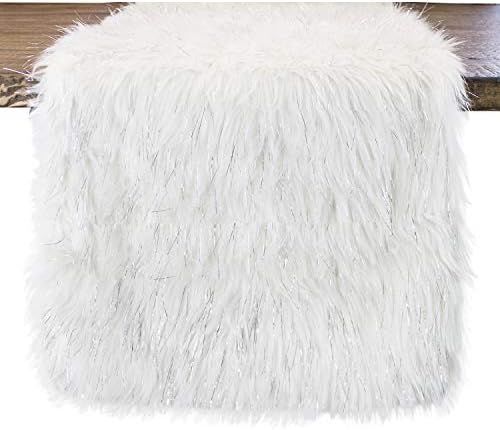 Fennco Styles Holiday Christmas Decorative Exquisite White Faux Fur with Silver Metallic Thread Tabl | Amazon (US)