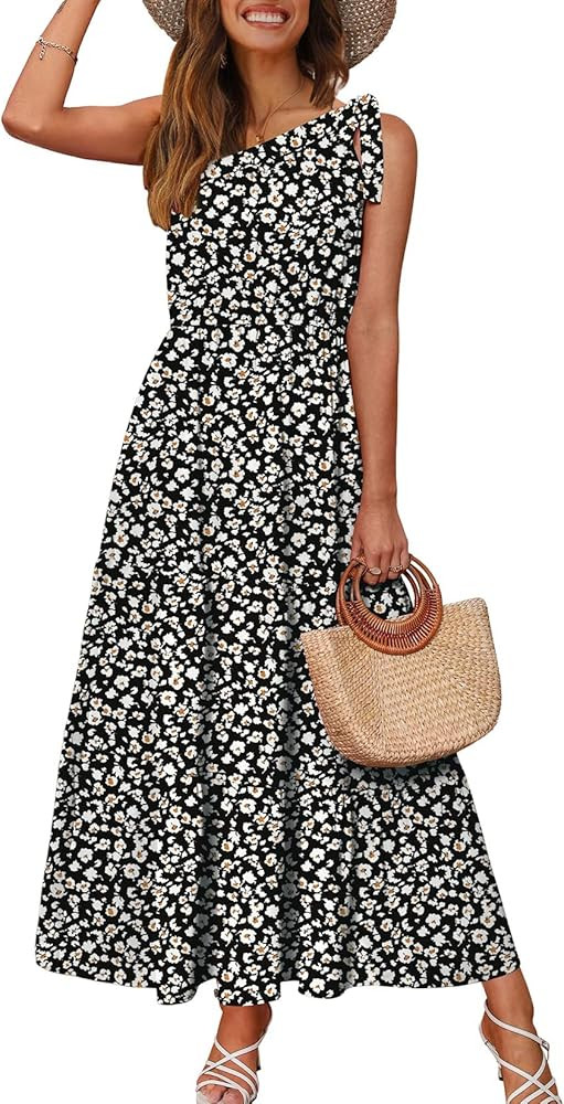 NIASHOT Maxi Dress for Women One Shoulder Ruffle Summer Sleeveless Dresses Flowy | Amazon (US)