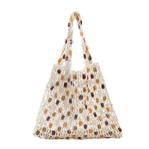 Boho Crochet Shoulder Bag for Women, Colorful Beaded Beach Tote Handbag Lightweight Summer Knit Hobo Purse &Travel Organizer (Beige) | Amazon (US)