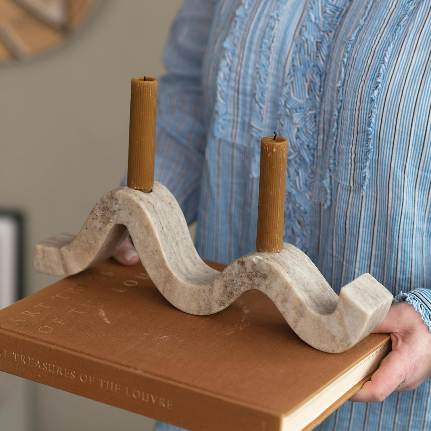 Bloomingville Modern Marble and Brass Wave Double Taper Holder, White, 15''L x 4''W x 2''H | Amazon (US)