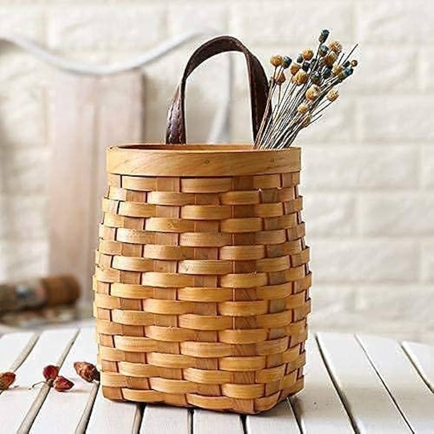 hanging wicker basket Hand-Woven Wood Storage Basket Portable Wall Hanging Flower Basket Organize... | Amazon (US)
