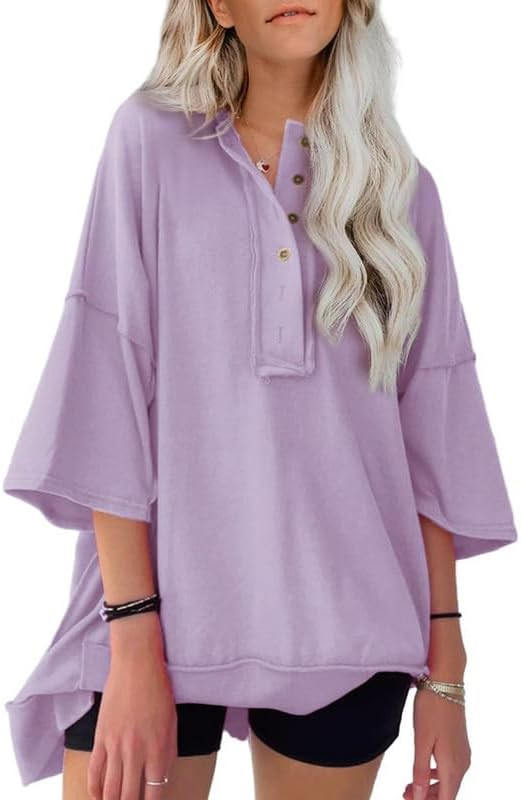 SHEWIN Women's Fashion Oversized T Shirts Casual Short Sleeve Sweatshirt Button Down Henley Neck ... | Amazon (US)