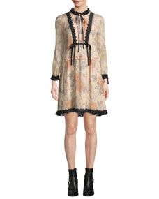 Rose-Print Long-Sleeve Silk Short Dress | Bergdorf Goodman