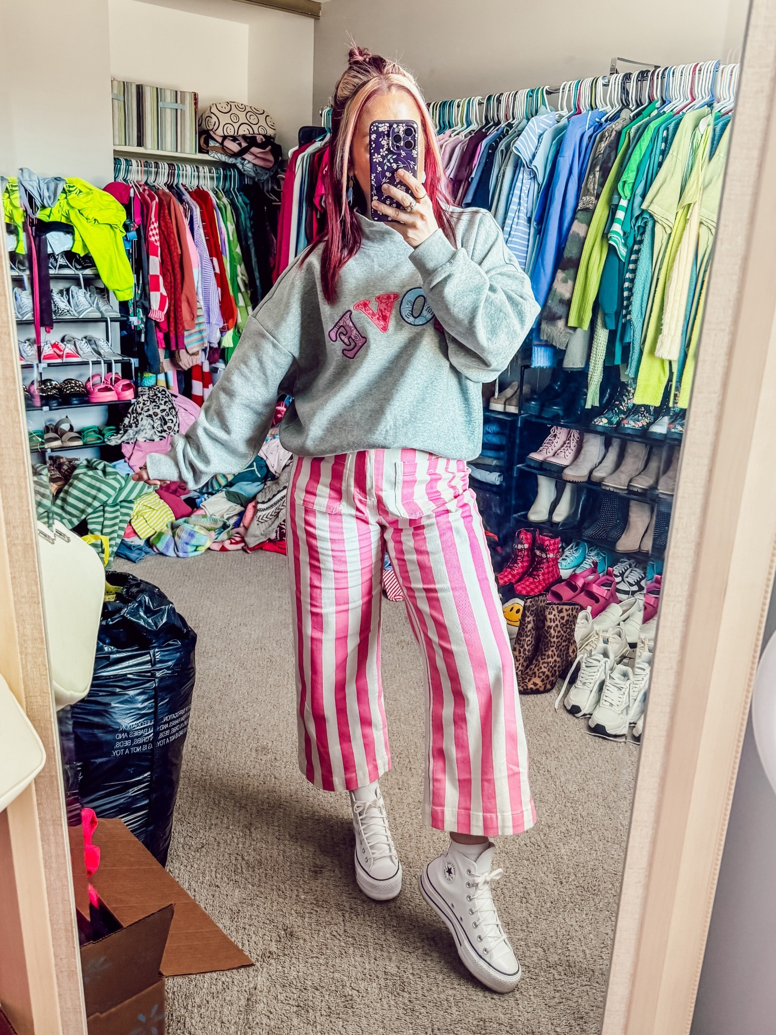 Today’s ootd 
Sweatshirt - large - target 
Pants - 8 - Amazon 
Shoes - converse 
Earrings - Francesca’s 
Hair clip - Maurice’s 
Socks - Amazon 

#LTKSeasonal #LTKootd #LTKValentine