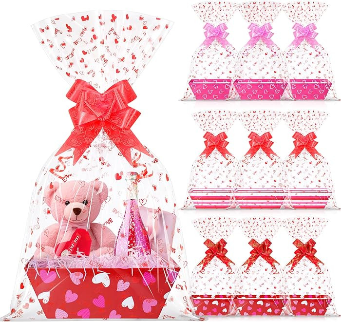 12 Sets Valentines Day Gift Basket Empty with Heart Printed Cellophane Basket Bags, Cardboard Val... | Amazon (US)