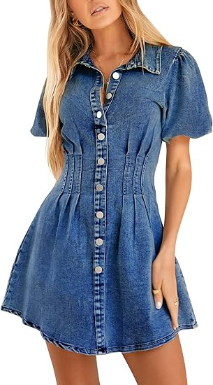 KDF Summer Denim Dress for Women Puff Sleeve Slim Fit Jean Dresses for Women 2024 Casual | Amazon (US)