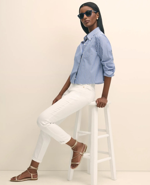 Brooks Brothers Women's The Cropped Button-Down Shirt | Blue/White | Size XL | Brooks Brothers