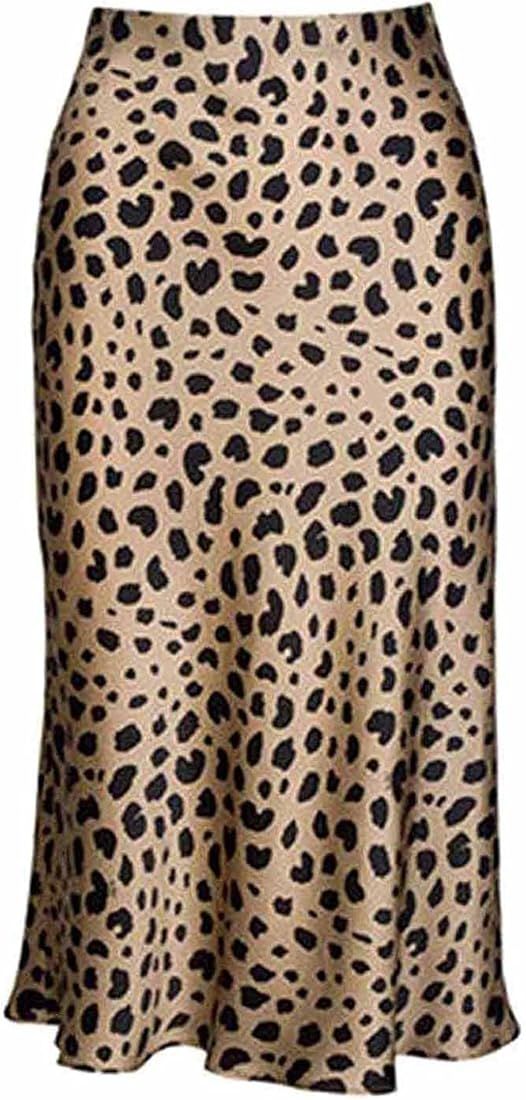 Leopard Skirt for Women Midi Length High Waist Silk Satin Elasticized Cheetah Skirts | Amazon (US)