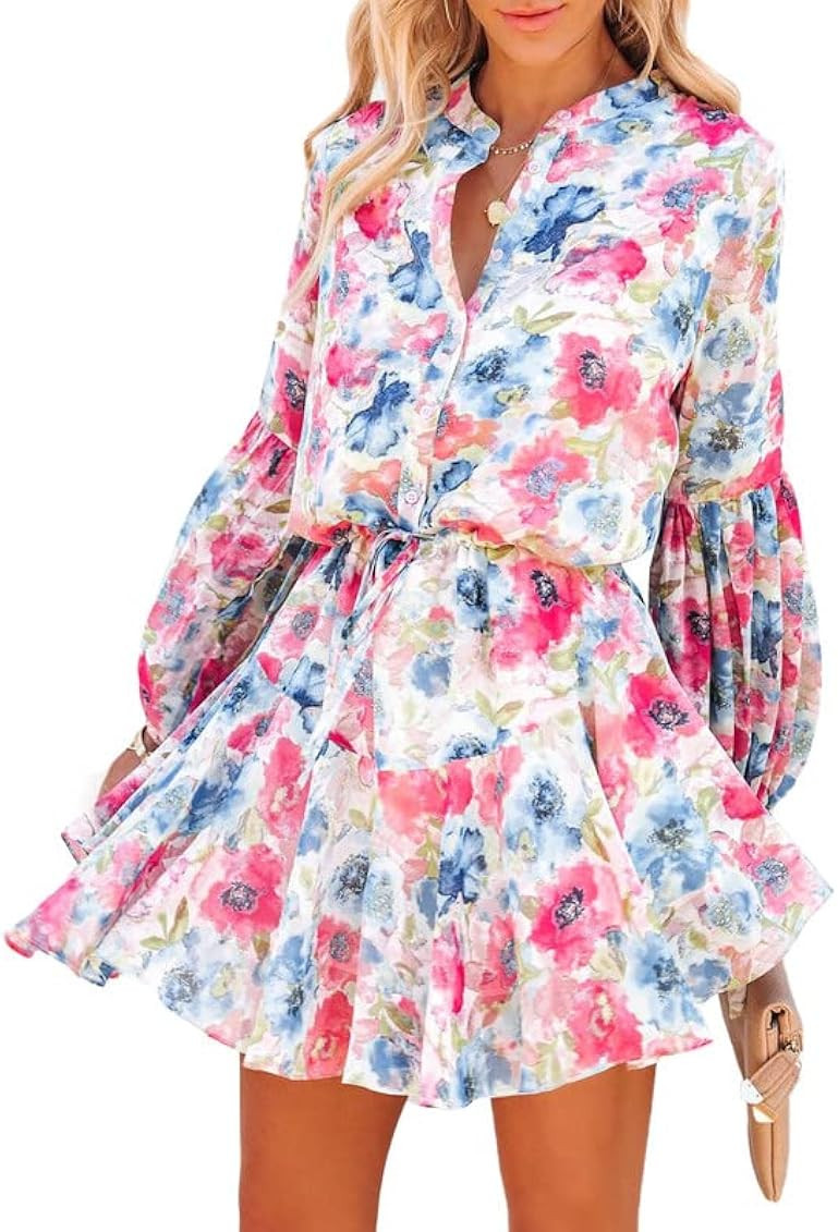 Clarisbelle Women's Long Sleeves Button up Tie Waist Floral Chiffon Dress | Amazon (US)
