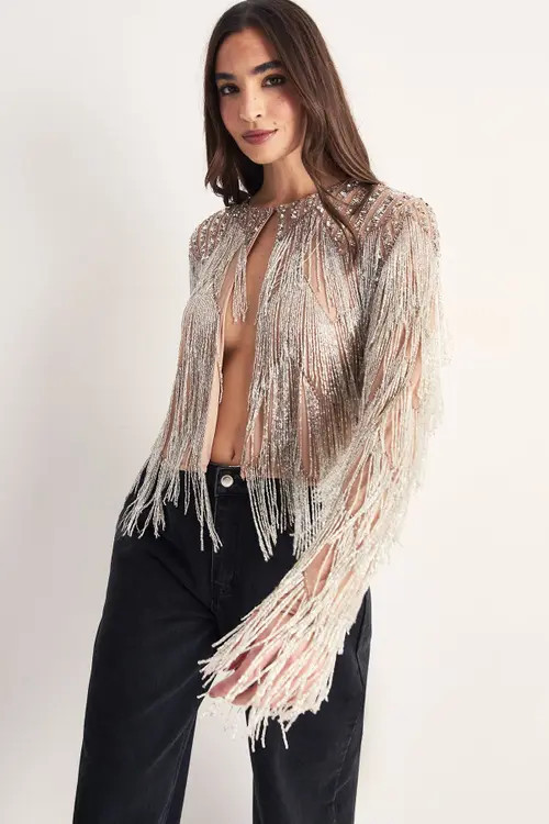 NASTY GAL Embellished Tassel Zig Zag Jacket in Silver at Nordstrom, Size 2 | Nordstrom