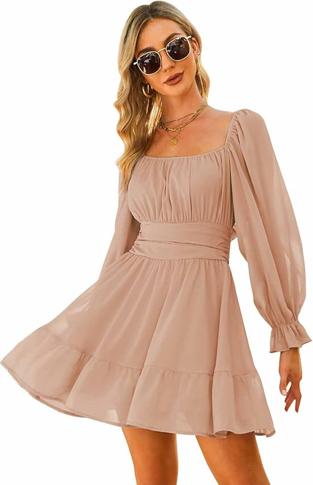 EXLURA Women Tie Back Summer Dresses Long Lantern Sleeve Square Neck Ruffle Elastic Waist Aline C... | Amazon (US)