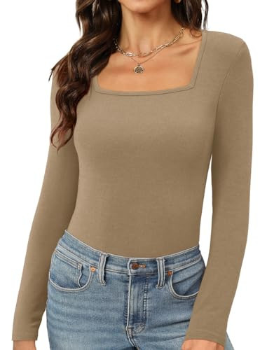 Womens Long Sleeve Square Neck Tops Slim Fit Y2K Tees Shirts Toffee M | Amazon (US)