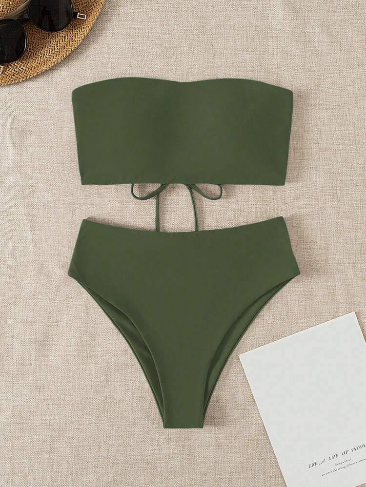 Solid Bikini Set Lace Up Back Reversible Tube Bra & High Waisted Bottom 2 Piece Bathing Suit | SHEIN