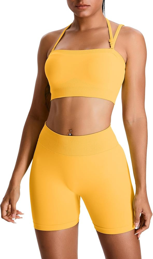 ABOCIW Womens Workout Sets Seamless High Waist Scrunch Butt Shorts Removeable Strap Bandeau Sport... | Amazon (US)