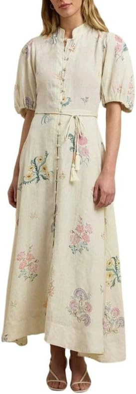 CHARTOU Women Floral Boho Maxi Dress Puff Short Sleeve Button Down Cotton Linen Shirt Dress with ... | Amazon (US)