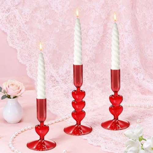 X-Kingsun 3Pcs Valentine's Day Glass Candle Holders Red Heart Glass Taper Candlesticks Coquette C... | Amazon (US)