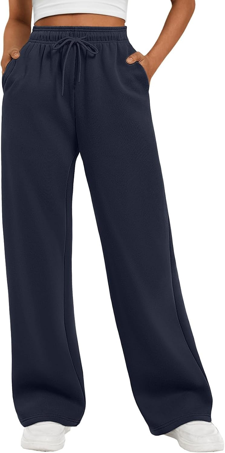 ATHMILE Women's Wide Leg Fleece Lined Sweatpants High Waisted Baggy Drawstring Joggers Straight Leg Sweat Pants | Amazon (US)