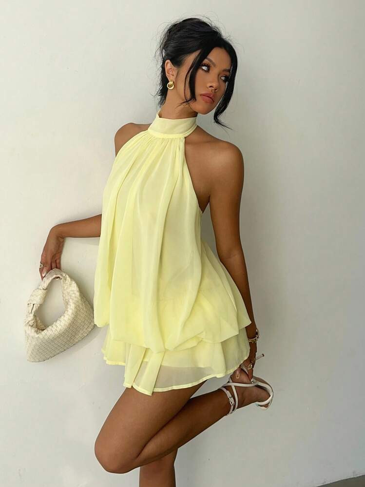 Yellow halter chiffon Dress | SHEIN