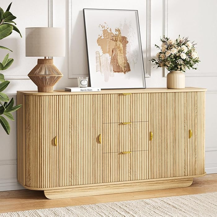 63" Tambour Sideboard Buffet Cabinet with Storage, Modern Fluted Credenza with Sliding Door and 8... | Amazon (US)