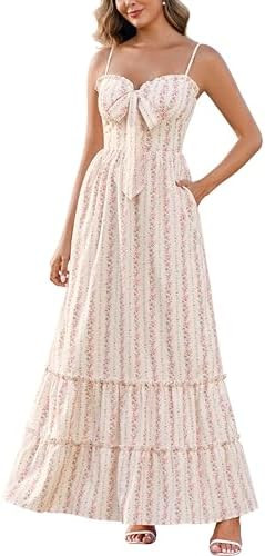 Womens Floral Front Tie Smocked Maxi Dress Spaghetti Strap Ruffled Tiered Summer Casual Boho Beac... | Amazon (US)