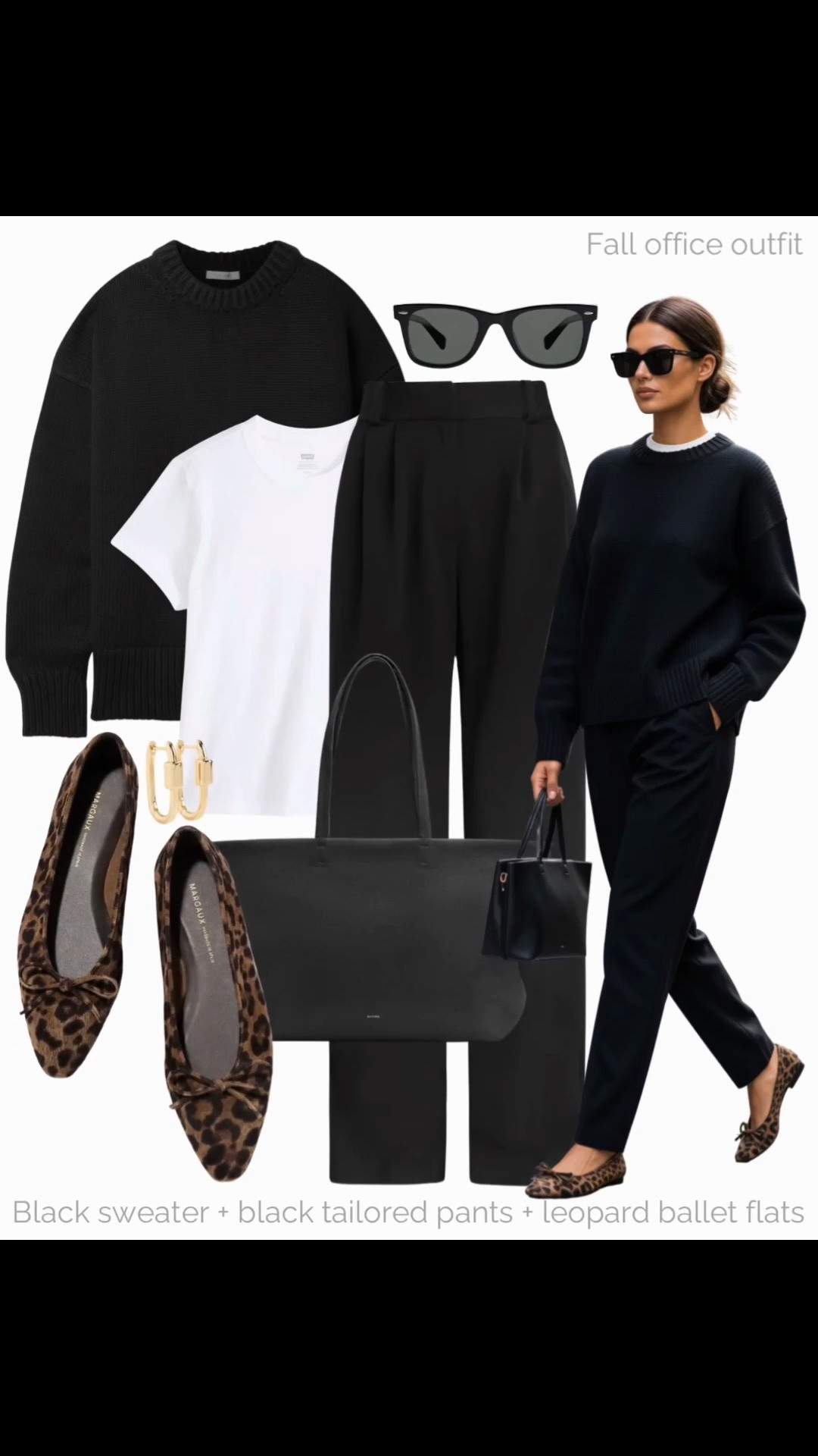 Autumn office outfit 🖤

Tags: fall workwear, black crewneck sweater, white tee, black tailored pants, cuyana tote bag, Margaux leopard print ballet flats, gold earrings, black sunglasses

#LTKfall #LTKworkwear #LTKshoes