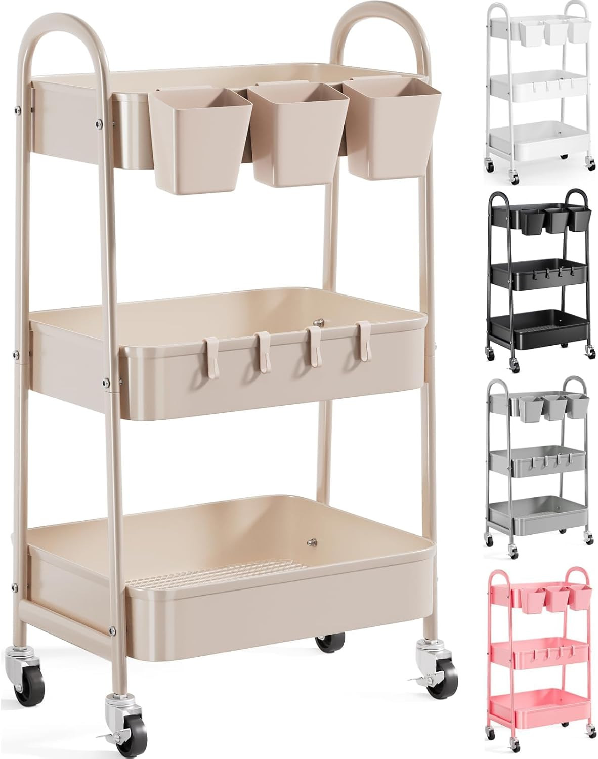 3 Tier Khaki Metal Utility Rolling Cart, Storage Cart with Handle and Lockable Wheels, Multifunct... | Amazon (US)