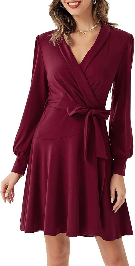 Amazon.com: Women's Shawl Collar Faux Wrap Cocktail Dress Lantern Sleeve V Neck Tie Waist Flared ... | Amazon (US)