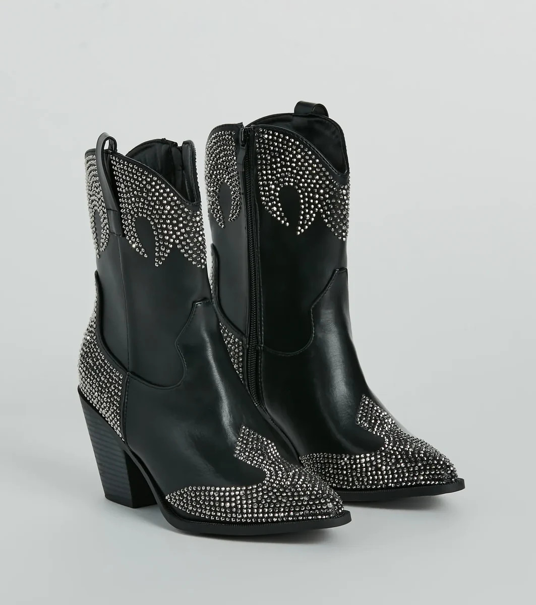 Western Flair Rhinestone Flame Faux Leather Boots | Windsor Stores