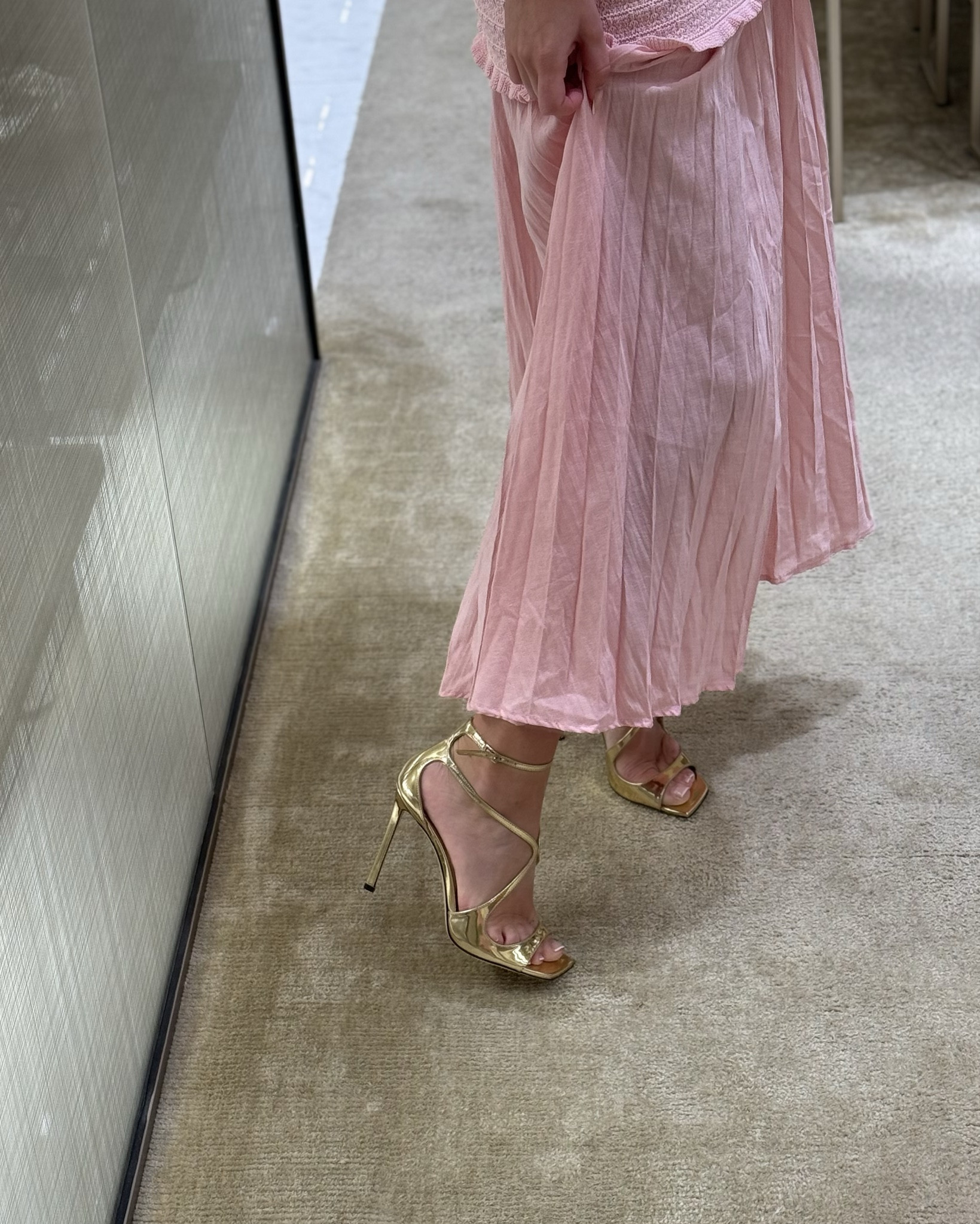 Golden perfection! These stunning heels with a covered heel and chic straps are the perfect festive open shoes that works for both winter and summer. Love the facts that they have many different colors too and they never run out of style. Wearing the highest height (110 version). Size up half a size. Definitely walkable and super flattering for your legs ✨ 

#LTKStyleTip #LTKShoeCrush