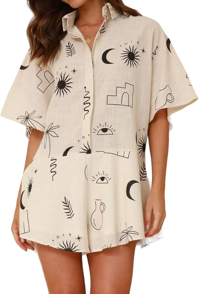 Women's Casual Button Lapel V Neck Printed Short Sleeve Wide Leg Jumpsuit | Amazon (US)