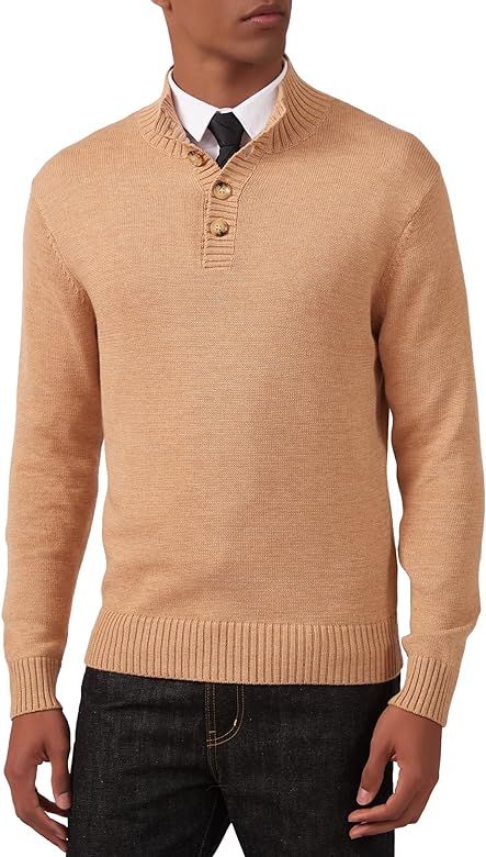 Kallspin Men's Pullover Sweater Wool Midweight Mock Neck Quarter-Button Long Sleeve Pullover | Amazon (US)