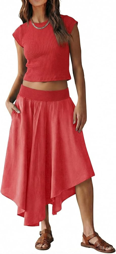 Tankaneo Womens 2 Piece Skirt Set Summer Casual Cap Sleeve Ribbed Crop Tops Midi Dress Vacation O... | Amazon (US)