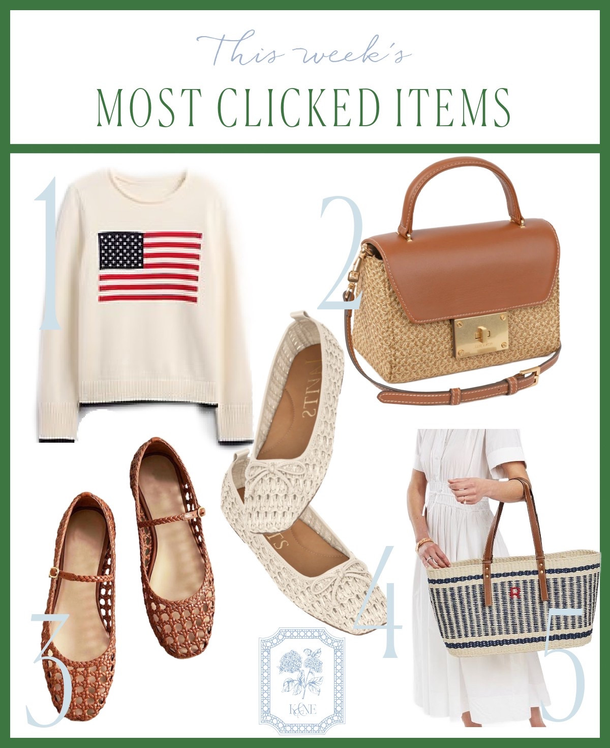 Most clicked this week #1 Ivory Cotton Flag Sweater #2 Raffia & Leather Crossbody Bag #3 Cane Ballet Flats #4 Cream Woven Ballet Flats #5 Navy & Natural Market Tote

#LTKItBag #LTKShoeCrush #LTKOver40