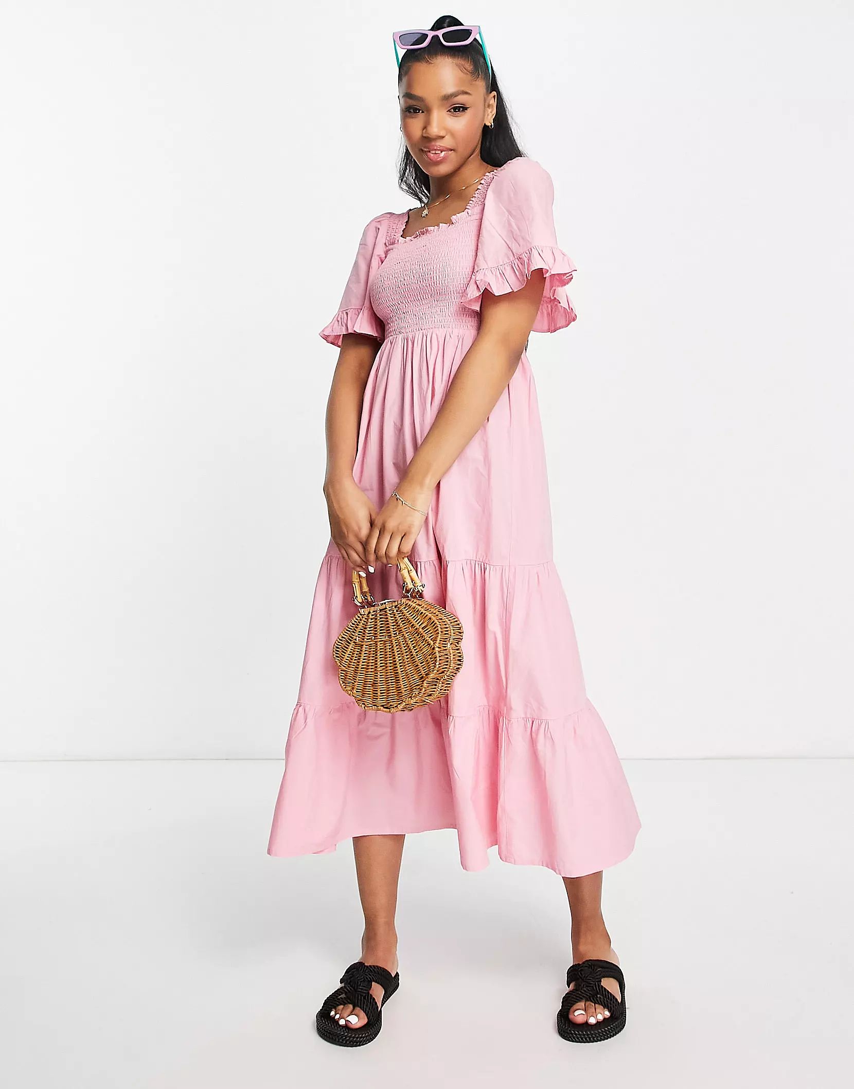 Monki shirred tiered midi dress in pink | ASOS (Global)