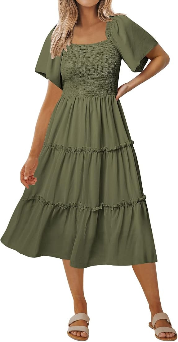 LILLUSORY Women's Summer Casual Flutter Sleeve Square Neck Smocked Midi Dress | Amazon (US)
