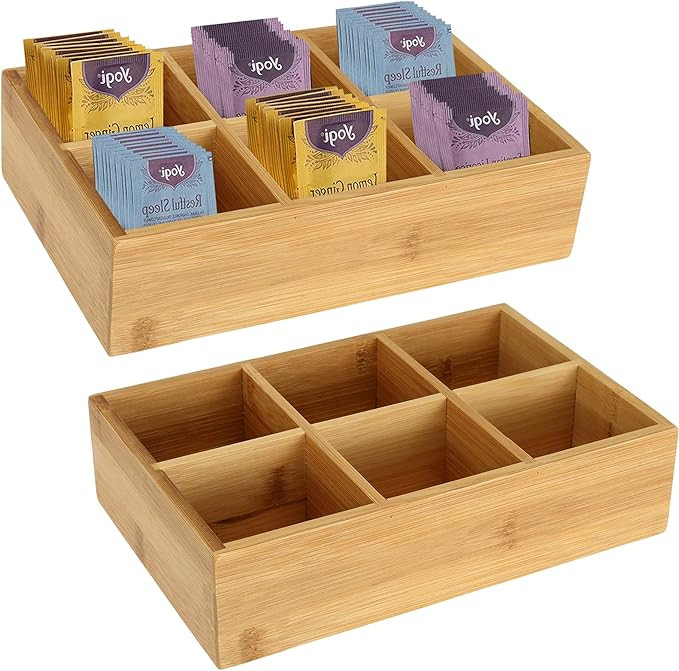 Dicunoy 2 Pack Bamboo Tea Bag Organizer, Wood Hot Tea Bag Drawer Storage Organizer Holder with 6 ... | Amazon (US)