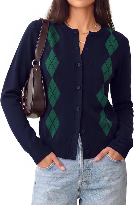 GRACE KARIN Cardigan for Women Argyle Fall Sweaters Cozy Teacher Outfits | Crew Neck Button Up Ch... | Amazon (US)