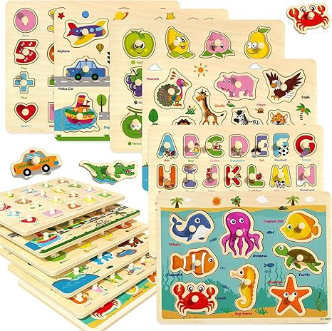 Wooden Peg Puzzles for Toddlers 2-4, 6 Pack Educational Peg Puzzles Montessori Toys, Learning Puz... | Amazon (US)