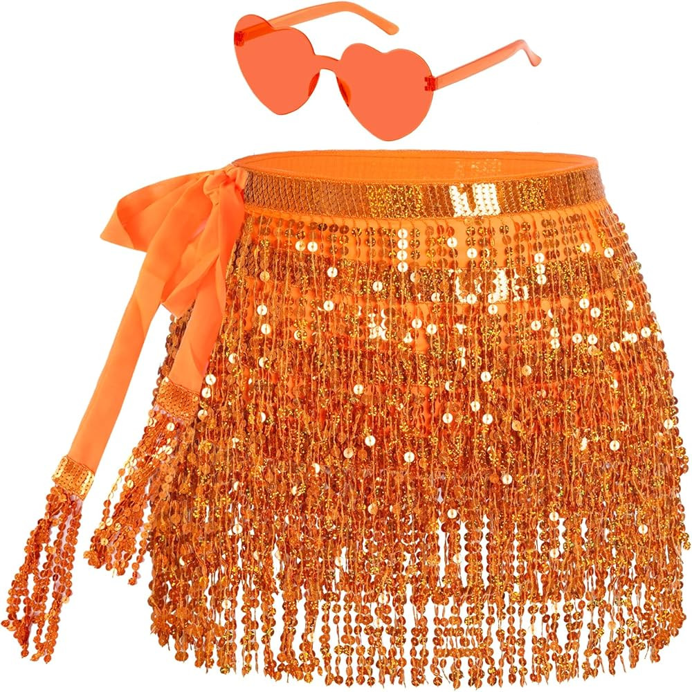 Sequin Belly Dance Hip Scarf Tassel Wrap Sparkly Fringe Skirt with 1 Pair Heart Sunglasses Party ... | Amazon (US)
