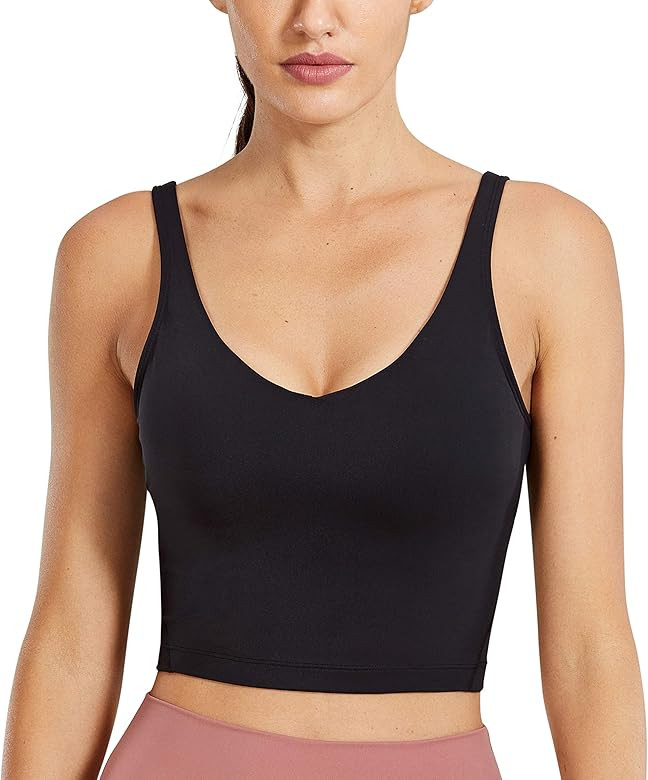 CRZ YOGA Womens V Neck Workout Tank Tops with Built in Bras - Cropped Padded Athletic Longline Sp... | Amazon (US)